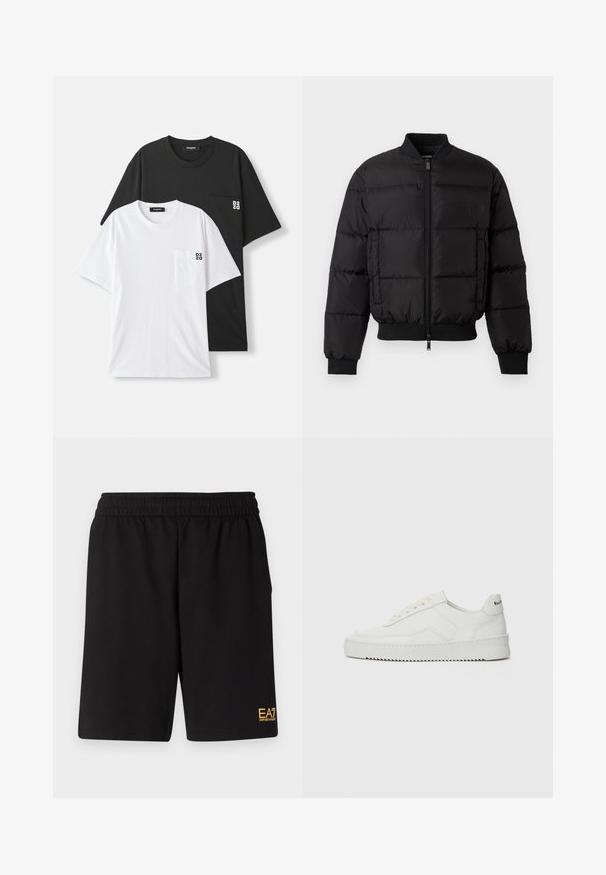 Black puffer jacket with a zip front, ribbed cuffs, and hem. Features a quilted design and tonal branding on the left chest pocket.; Two t-shirts displayed: one black and one white, both with short sleeves and a small chest pocket. Logos featured on the pocket.; Black athletic shorts made of soft fabric,Featuring an elastic waistband and a small yellow EA7 logo on the lower left leg.; White leather sneaker with a smooth finish, round toe, flat laces, and a textured sole. Features a subtle logo on the heel.