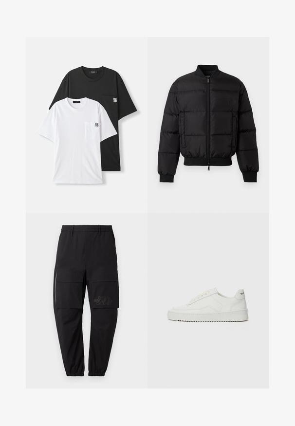Black puffer jacket with a zip front, ribbed cuffs, and hem. Features a quilted design and tonal branding on the left chest pocket.; Two t-shirts displayed: one black and one white, both with short sleeves and a small chest pocket. Logos featured on the pocket.; Black cargo pants with an elastic waistband, featuring multiple side pockets, a zipper detail, and a subtle printed logo on the thigh.; White leather sneaker with a smooth finish, round toe, flat laces, and a textured sole. Features a subtle logo on the heel.