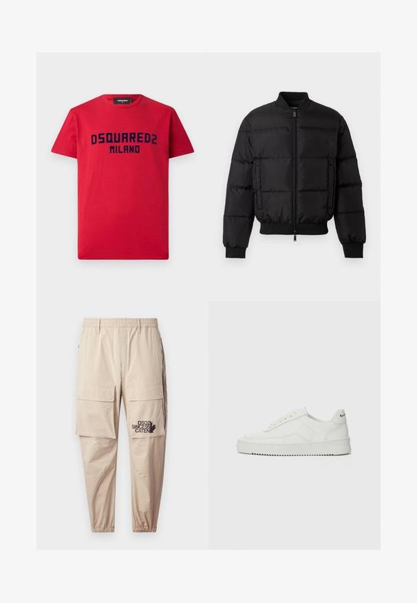 Black puffer jacket with a zip front, ribbed cuffs, and hem. Features a quilted design and tonal branding on the left chest pocket.; Red cotton t-shirt with short sleeves, featuring navy blue "DSQUARED2 MILANO" logo across the chest. Classic crew neck design.; Beige cargo pants made of lightweight fabric, featuring an elastic waistband, zip pockets, and a printed logo on the left leg.; White leather sneaker with a smooth finish, round toe, flat laces, and a textured sole. Features a subtle logo on the heel.