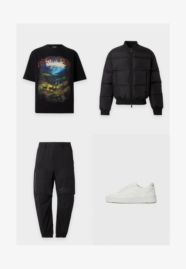 Černá plněná bunda s předním zipem, žebrovanými manžetami a lemem. Disponuje prošívaným designem a tónovým brandingem na levé náprsní kapse.; Černé tričko s krátkým rukávem s barevným grafikou krajiny, na které jsou jeleny, hory a slova "DSQUARED2 Heritage" v tučném písmu.; Černé cargo kalhoty s elastickým pasem, které mají několik bočních kapes, detail se zipem a nenápadné vytištěné logo na stehně.; Bílé kožené tenisky s hladkým povrchem, kulatou špičkou, plochými tkaničkami a texturovanou podrážkou. Na patě se nachází nenápadné logo.