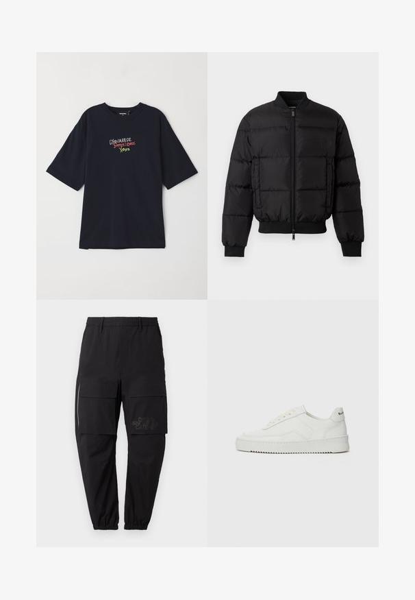 Sort pufferjakke med lynlås foran, ribbede manchetter og kant. Har en quiltet design og tonal branding på venstre brystlomme.; Navyblå bomulds T-shirt med korte ærmer. Har farverigt broderet tekst: "DSQUARED2 SUMMER LOVERS XOXO" i rød, grøn og hvid.; Sorte cargo bukser med elastisk talje, der har flere sidelommer, en lynlåsdetalje og et diskret trykt logo på låret.; Hvide lædersneakers med en glat overflade, rund tå, flade snørebånd og en tekstureret sål. Har et diskret logo på hælen.