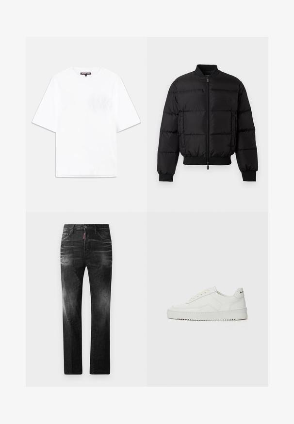 Sort pufferjakke med lynlås foran, ribbede manchetter og kant. Har en quiltet design og tonal branding på venstre brystlomme.; Hvid bomulds t-shirt med rund hals, korte ærmer og et tekstureret "MK" logo på venstre brystlomme.; Sorte denim jeans med lige pasform. Har falmede områder, mindre slid, klassisk fem-lommer design og knaplukning.; Hvide lædersneakers med en glat overflade, rund tå, flade snørebånd og en tekstureret sål. Har et diskret logo på hælen.