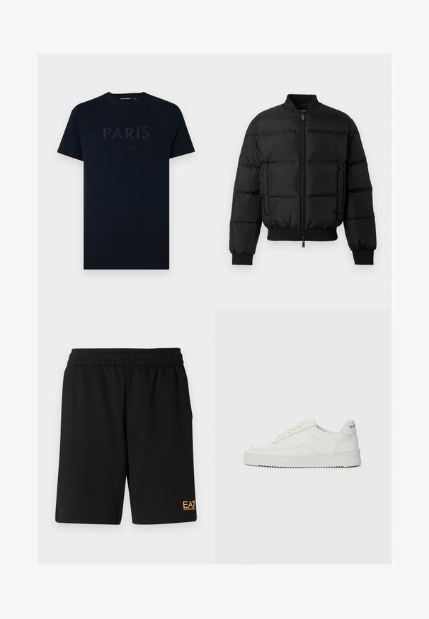 Čierna páperová bunda so zipsom vpredu, rebrovanými manžetami a lemom. Má prešívaný dizajn a tónové branding na ľavom prednom vrecku.; Námornícky bavlnený tričko so zvýšeným textom "PARÍŽ" a ďalším textom v tmavšej farbe. Krátke rukávy a okrúhly výstrih.; Čierne športové šortky vyrobené z jemného materiálu, s elastickým pásom a malým žltým logom EA7 na dolnej ľavej nohe.; Biele kožené tenisky s hladkým povrchom, okrúly špičkový dizajn, ploché šnúrky a textúrovaná podrážka. Obsahujú jemné logo na päte.