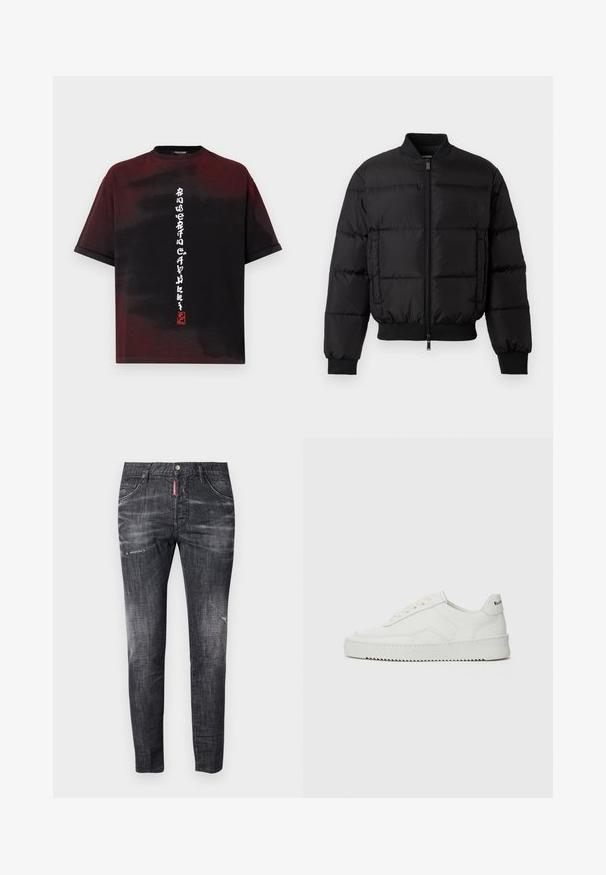 Mustmust mustroheline jakk, millel on lukuga esiosa, soonikust mansetid ja alläär. Omab tepitud disaini ja ühtlast brändimist vasakul rinnataskul.; Lühikeste varrukatega must ja tumepunane t-särk, millel on valge vertikaalne stiliseeritud Aasia kiri ning väike punane tempel esiküljel.; Tumedat hallide teksased, kitsas lõige, kerge pleekimine, kulumismärgid reitel, viis taskut ja kontrastne punane sildidetail.; Valge nahast tennis, millel on sile põhi, ümar varvas, lamedad nöörid ja tekstuuriline tall. Sisaldab diskreetset logo kontsaribal.