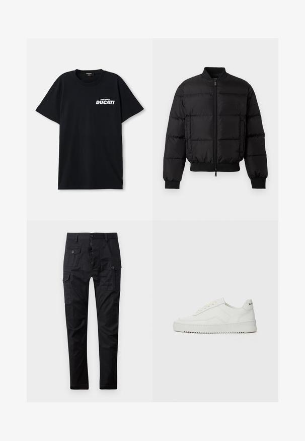 Sort pufferjakke med lynlås foran, ribbede manchetter og kant. Har en quiltet design og tonal branding på venstre brystlomme.; Sort bomulds T-shirt med korte ærmer, der har et hvidt "DSQUARED2 DUCATI" logo på venstre forsiden. Rund halsudskæring.; Sorte cargo bukser lavet af slidstærkt stof, med flere lommer, knaplukning og lige ben-design. Glat tekstur og mat finish.; Hvide lædersneakers med en glat overflade, rund tå, flade snørebånd og en tekstureret sål. Har et diskret logo på hælen.