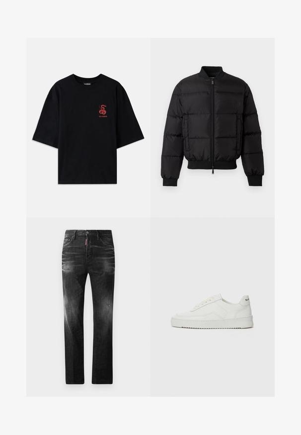 Melna pūšamā jaka ar rāvējslēdzēju priekšā, ribotām piedurknēm un apakšmalu. Iezīmējas ar dūnu struktūru un toņa zīmolu kreisajā krūšu kabatē.; Melna kokvilnas T-kreklā ar brīvu grieztu. Ar sarkanu čūskas grafiku un tekstu krūtīs. Īsas piedurknes un apaļa kakla izgriezums.; Melni džinsi no denima ar taisnu piegriezumu. Iespējas ietver izbalējušas vietas, nelielas nodiluma pazīmes, klasisko piecu kabatu dizainu un pogu aizdari.; Baltas ādas sneakers ar gludu virsmu, apaļu pirkstu daļu, plakaniem šņorēm un teksturētu zoli. Satur diskrētu logotipu uz papēža.