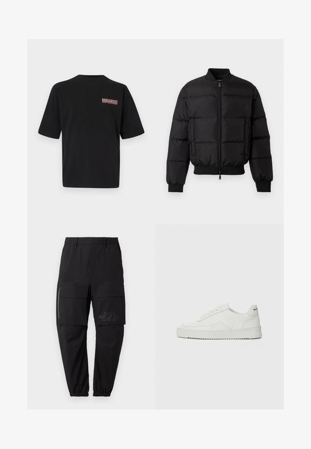 Zwarte pufferjack met een ritssluiting aan de voorkant, ribgebreide manchetten en zoom. Beschikt over een gewatteerd ontwerp en tonaal merk op de linkerkant van de borstzak.; Zwart katoenen T-shirt met korte mouwen en een ronde hals. Op de voorkant staat een klein roze logo met "DSQUARED2 30th Anniversary."; Zwarte cargobroek met een elastische tailleband, voorzien van meerdere zijzakken, een ritsdetail en een subtiele bedrukte logo op de dij.; Witte leren sneaker met een gladde afwerking, ronde neus, platte veters en een gestructureerde zool. Kenmerkt zich door een subtiel logo op de hiel.