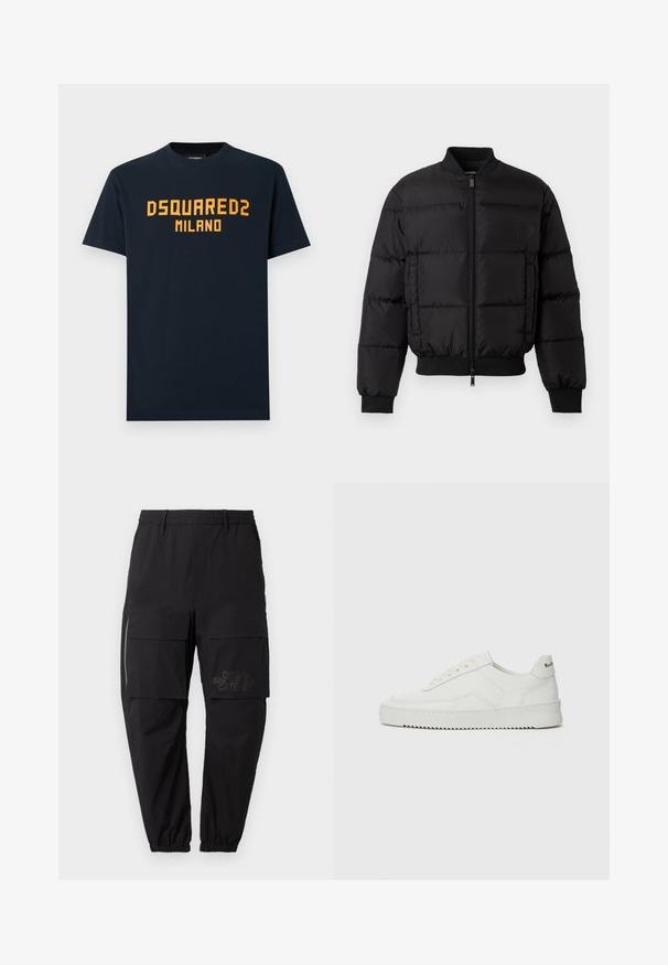 Svart puffjacka med dragkedja framtill, ribbade ärmavslut och nederkant. Har en quiltad design och tonal branding på vänster bröstficka.; Mörkblå bomulls-t-shirt med fett orange text "DSQUARED2 MILANO" över bröstet. Klassisk rund halsringning och korta ärmar.; Svarta cargo-byxor med elastisk midja, med flera sidofickor, en dragkedjedetalj och en subtil tryckt logotyp på låret.; Vita lädersneakers med en jämn yta, rund tå, platta snörningar och en strukturerad sula. Har en diskret logotyp på hälen.