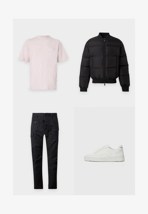 Black puffer jacket with a zip front, ribbed cuffs, and hem. Features a quilted design and tonal branding on the left chest pocket.; Light pink cotton T-shirt with short sleeves, a crew neckline, and "NoProblemo" text printed in white on the front.; Black cargo pants made of durable fabric, featuring multiple pockets, a button fly, and a straight leg design. Smooth texture and matte finish.; White leather sneaker with a smooth finish, round toe, flat laces, and a textured sole. Features a subtle logo on the heel.