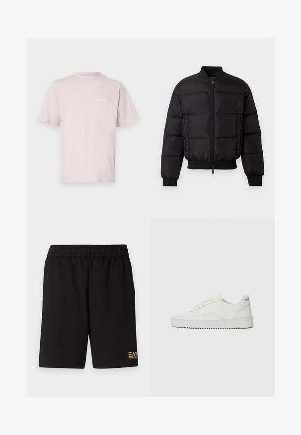 Black puffer jacket with a zip front, ribbed cuffs, and hem. Features a quilted design and tonal branding on the left chest pocket.; Light pink cotton T-shirt with short sleeves, a crew neckline, and "NoProblemo" text printed in white on the front.; Black athletic shorts made of soft fabric,Featuring an elastic waistband and a small yellow EA7 logo on the lower left leg.; White leather sneaker with a smooth finish, round toe, flat laces, and a textured sole. Features a subtle logo on the heel.