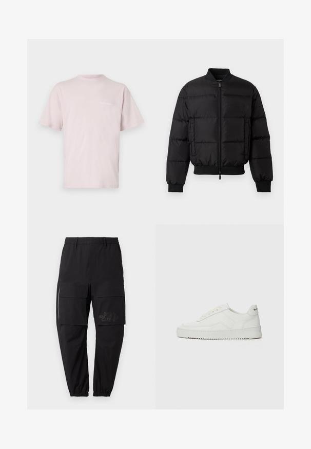 Črn puhovka z zadrgo spredaj, ribanim zaključkom rokavov in spodnjim robom. Ima kvadratno zasnovo in tonalne oznake na levem žepu.; Svetlo roza bombažna majica s kratkimi rokavi, okroglo izrezano ovratnikom in napisem "NoProblemo" v beli barvi natisnjenim spredaj.; Črne tovorne hlače z elastičnim pasom, ki imajo več stranskih žepov, zadrgo in subtilen logotip na stegnu.; Bela usnjena športna obutev z gladko površino, okroglo prst, ravne vezalke in teksturiran podplat. Ima diskretno logo na peti.