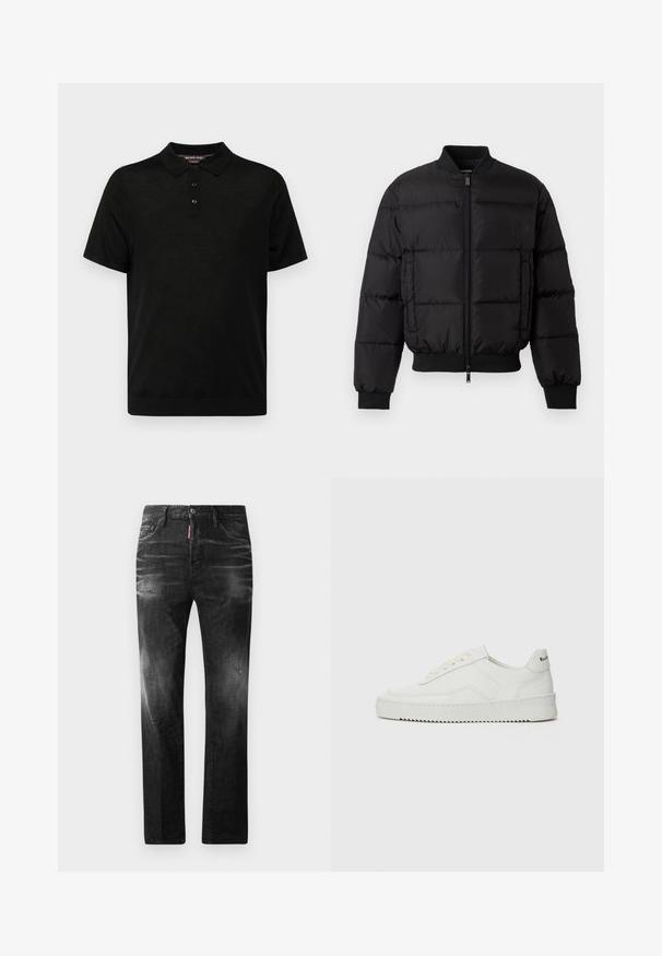 Juodas pūkinis švarkas su užtrauktuku priekyje, su guma rankogaliuose ir priekyje. Yra siuvinėtas dizainas ir toninis logotipas kairėje krūtinės kišenėje.; Juodas trumpa rankovė polo marškinėliai, pagaminti iš lygios medžiagos, su klasikiniu apykakle, trijų mygtukų užsegimu ir prigludusia siluetu.; Juodi džinsai su tiesiu kirpimu. Spalvoti svyrantys plotai, šiek tiek sugadinti, klasikinis penkių kišenių dizainas ir mygtuko uždarymas.; Balti odiniai sportiniai bateliai su lygia apdaila, apvaliu pirštu, plokščiais raišteliais ir tekstūruotu padu. Pasižymi subtiliu logotipu ant kulno.