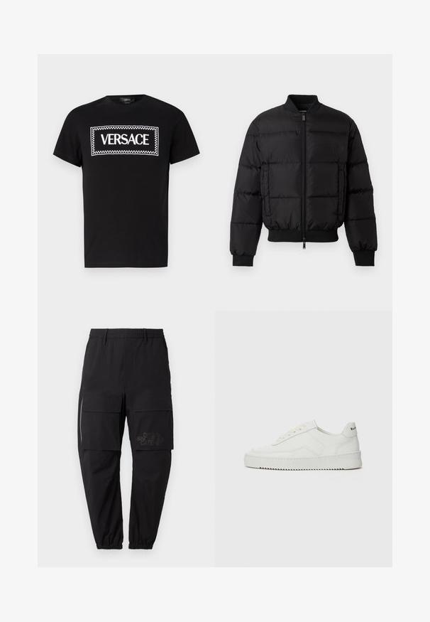 Juodas pūkinis švarkas su užtrauktuku priekyje, su guma rankogaliuose ir priekyje. Yra siuvinėtas dizainas ir toninis logotipas kairėje krūtinės kišenėje.; Juodas medvilnės marškinėliai su balta stačiakampio formos "VERSACE" logotipu, apsuptu šachmatų rašto. Trumpomis rankovėmis ir apvaliu kaklu.; Juodos krovinių kelnės su elastinga juosmena, turinčios keletą šoninių kišenių, užtrauktuko detalę ir subtilų logotipą ant šlaunies.; Balti odiniai sportiniai bateliai su lygia apdaila, apvaliu pirštu, plokščiais raišteliais ir tekstūruotu padu. Pasižymi subtiliu logotipu ant kulno.