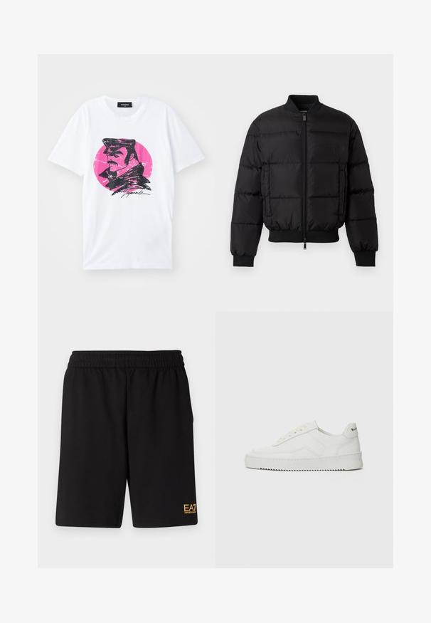 Black puffer jacket with a zip front, ribbed cuffs, and hem. Features a quilted design and tonal branding on the left chest pocket.; White cotton T-shirt featuring a black graphic illustration of a man in a cap against a pink circular background with a distressed effect.; Black athletic shorts made of soft fabric,Featuring an elastic waistband and a small yellow EA7 logo on the lower left leg.; White leather sneaker with a smooth finish, round toe, flat laces, and a textured sole. Features a subtle logo on the heel.