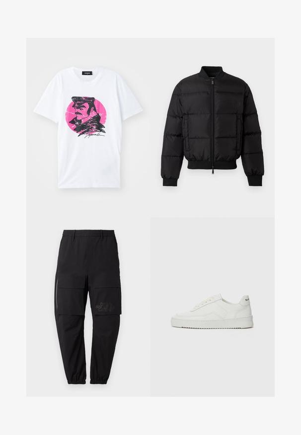 Veste en duvet noire avec une fermeture éclair à l'avant, des poignets et un ourlet côtelés. Présente un design matelassé et un logo ton sur ton sur la poche gauche de la poitrine.; T-shirt en coton blanc avec une illustration graphique noire d'un homme portant une casquette sur un fond circulaire rose avec un effet vieilli.; Pantalons cargo noirs avec une taille élastique, dotés de plusieurs poches latérales, d'un détail zippé et d'un logo imprimé discret sur la cuisse.; Baskets en cuir blanc avec une finition lisse, bout arrondi, lacets plats et semelle texturée. Présente un logo discret sur le talon.