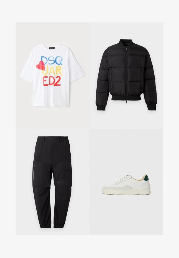 Zwarte pufferjack met een ritssluiting aan de voorkant, ribgebreide manchetten en zoom. Beschikt over een gewatteerd ontwerp en tonaal merk op de linkerkant van de borstzak.; Witte t-shirt met korte mouwen met kleurrijke tekst: "DSQ JAR ED2" in blauw, geel en rood, met een rode hartaccent. Katoenen stof.; Zwarte cargobroek met een elastische tailleband, voorzien van meerdere zijzakken, een ritsdetail en een subtiele bedrukte logo op de dij.; Witte sneaker met suède accenten, ronde neus, platte veters en een crème rubberen zool. Bevat groene branding op de hiel.