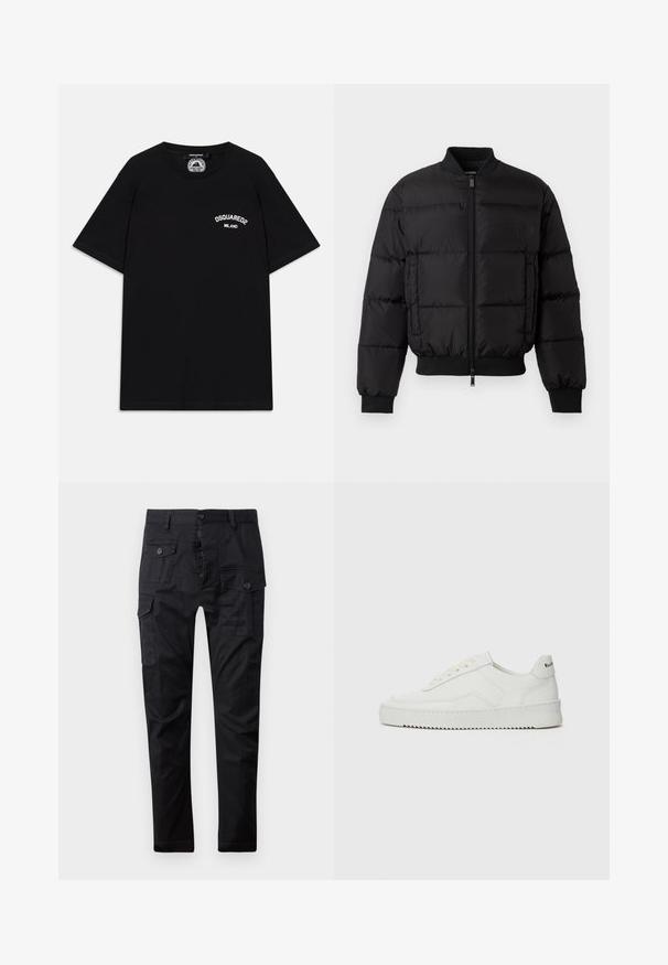 Black puffer jacket with a zip front, ribbed cuffs, and hem. Features a quilted design and tonal branding on the left chest pocket.; Black cotton T-shirt with short sleeves, featuring white "DSQUARED2 MILANO" logo on the chest. Crew neck design, smooth texture.; Black cargo pants made of durable fabric, featuring multiple pockets, a button fly, and a straight leg design. Smooth texture and matte finish.; White leather sneaker with a smooth finish, round toe, flat laces, and a textured sole. Features a subtle logo on the heel.