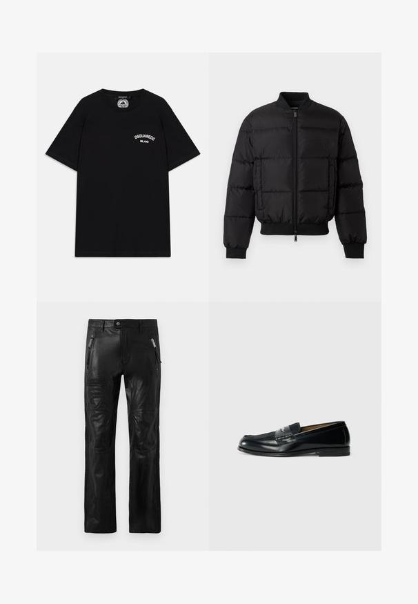 Zwarte pufferjack met een ritssluiting aan de voorkant, ribgebreide manchetten en zoom. Beschikt over een gewatteerd ontwerp en tonaal merk op de linkerkant van de borstzak.; Zwarte katoenen T-shirt met korte mouwen, met een wit "DSQUARED2 MILANO" logo op de borst. Crew neck ontwerp, gladde textuur.; Zwarte leren broek met voorzakken met rits, riemlussen, gestikte kniestukken en reliëfmerk patches van Ducati en Dsquared2 op de dij.; Zwarte leren instapper met een gestructureerde bovenkant, gevlochten accent en een gladde afwerking. Lage hak en minimalistisch ontwerp.