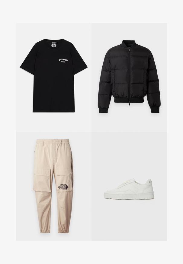 Giacca a spettro nera con zip frontale, polsini e orlo a costine. Presenta un design trapuntato e un logo tono su tono sulla tasca sinistra del petto.; T-shirt nera in cotone a maniche corte, con logo bianco "DSQUARED2 MILANO" sul petto. Design a girocollo, texture liscia.; Pantaloni cargo beige realizzati in tessuto leggero, dotati di vita elasticizzata, tasche con zip e un logo stampato sulla gamba sinistra.; Sneaker in pelle bianca con una finitura liscia, punta rotonda, lacci piatti e suola testurizzata. Presenta un logo discreto sul tallone.