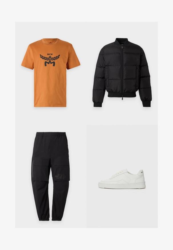 Chaqueta de plumas negra con cierre de cremallera en la parte delantera, puños y dobladillo acanalados. Cuenta con un diseño acolchado y una marca tonal en el bolsillo izquierdo del pecho.; Camiseta de algodón naranja con mangas cortas, que presenta un diseño gráfico negro con hojas de laurel y el texto "MCM" impreso en el frontal.; Pantalones cargo negros con cintura elástica, que cuentan con múltiples bolsillos laterales, un detalle de cremallera y un logo sutil impreso en el muslo.; Zapatilla de cuero blanca con un acabado suave, puntera redonda, cordones planos y suela texturizada. Cuenta con un sutil logo en el talón.