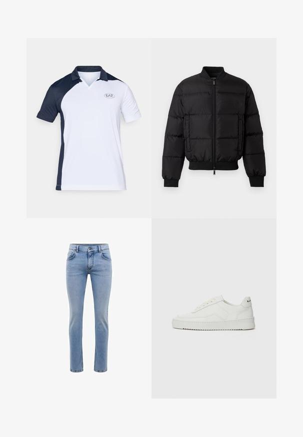Čierna páperová bunda so zipsom vpredu, rebrovanými manžetami a lemom. Má prešívaný dizajn a tónové branding na ľavom prednom vrecku.; Polo tričko s krátkym rukávom, ktoré sa vyznačuje dizajnom v námorníckej modrej a bielej farbe, s ribovaným golierom a malým logom EA7 na hrudi.; Svetlomodré džínsy s úzkym strihom, piatimi vreckami a rovnými nohavicami. Obsahujú zips a pásky na opasok. Mäkká textúra.; Biele kožené tenisky s hladkým povrchom, okrúly špičkový dizajn, ploché šnúrky a textúrovaná podrážka. Obsahujú jemné logo na päte.