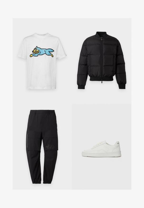 Sort pufferjakke med lynlås foran, ribbede manchetter og kant. Har en quiltet design og tonal branding på venstre brystlomme.; Hvid bomulds t-shirt med en blå, tegneserieagtig kat med et gult ansigt og skarpe tænder, placeret i en springende stilling.; Sorte cargo bukser med elastisk talje, der har flere sidelommer, en lynlåsdetalje og et diskret trykt logo på låret.; Hvide lædersneakers med en glat overflade, rund tå, flade snørebånd og en tekstureret sål. Har et diskret logo på hælen.