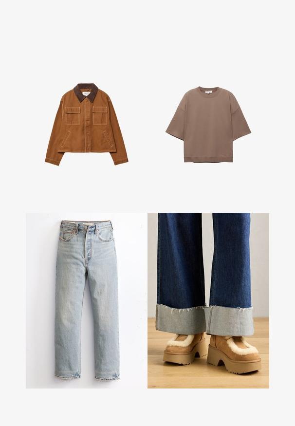 Brun bomullsjacka med en kordflodds-krage, två framfickor och en kortad design. Kontraststickning längs sömmarna.; Brun oversized T-shirt, korta ärmar, rund halsringning, tillverkad av mjukt bomullsmaterial, har en enkel design och minimala sömmar.; Ljusblå denimjeans med rak ben-design, som har en sliten fåll, kopparnitar och en klassisk femficksstil.; Bruna mockaimitation plattformsstövlar med krämfärgad foder i päls, kombinerade med vida denimbyxor med fransade nederkanter och en ljusare denimuppvik.