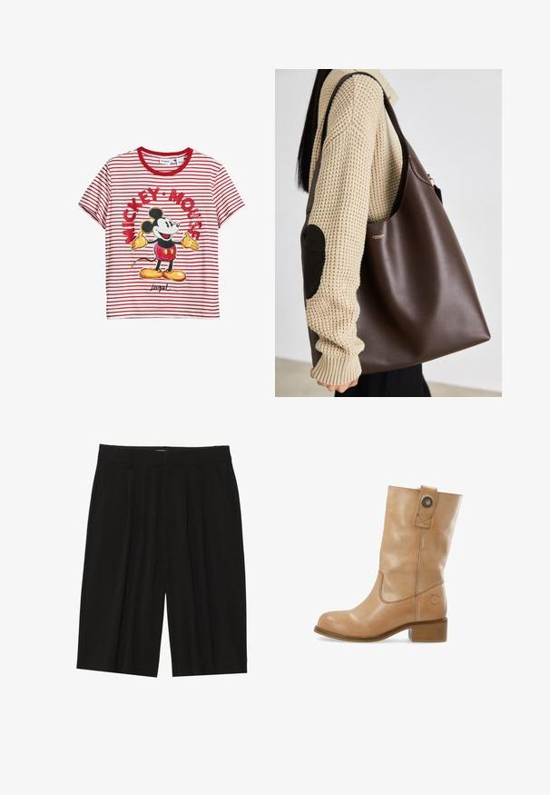 Brun bomuldsjakke med corduroykrave, to frontlommer og et cropped design. Kontrastsyninger langs sømmene.; Rød og hvid stribet t-shirt lavet af bomuld, med et grafisk motiv af Mickey Mouse med gule handsker, sorte ører og en signatur.; Brun skjorte med knapper, klassisk krave, lange ærmer og lige snit. Blød tekstur og minimalistisk design uden mønstre.; Sorte plisserede shorts lavet af et glat stof, med sidelommer og en lige skæring, i midthigh længde.; Tan læder ankelstøvle med rund tå, lav hæl, side syninger og en trykknapdetalje ved skaftet. Glat tekstur.; Brun læder tote taske med et rummeligt design. Har en glat tekstur og et diskret guldlogo. Parret med en cremefarvet strikket trøje.