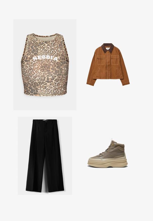 Brun bomullsjacka med en kordflodds-krage, två framfickor och en kortad design. Kontraststickning längs sömmarna.; Leopardmönstrad crop top med rund halsringning och ärmlös design. Har en vit "NEBBIA" logotyp på framsidan. Tillverkad av lättviktsmaterial.; Svarta vida byxor i lätt material, med knappstängning fram och platt front, samt väl sydda fållar.; Hög sneakers med en beige läderovandel, tjock krämfärgad mellansula, räfflad yttersula och diskret PUMA-logotyp på sidan.