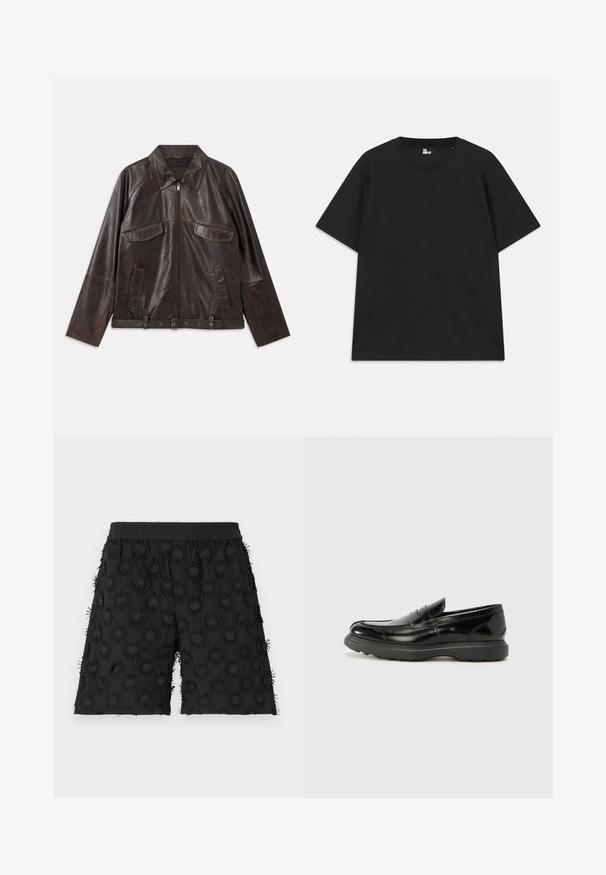Donkerbruine leren jas met een ritssluiting aan de voorkant, twee borstzakken met klep, twee zijzakken, een kraag, lange mouwen en een verstelbare tailleband.; Zwart kortebril T-shirt van katoen, met een ronde hals en een klein logo detail near de zoom. Gladde textuur, normale pasvorm.; Zwarte shorts met een elastische tailleband, versierd met gestructureerde cirkelvormige patronen en borduursels, wat een driedimensionaal effect creëert.; Zwarte leren instapper met een glanzende afwerking, een ronde neus, subtiele stiksels en een dikke rubberen zool voor duurzaamheid.