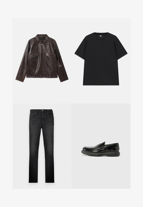 Chaqueta de cuero marrón oscuro con cremallera frontal, dos bolsillos de solapa en el pecho, dos bolsillos laterales, cuello, mangas largas y cinturilla ajustable.; Camiseta de algodón de manga corta en color negro, con cuello redondo y un pequeño logo cerca del dobladillo. Textura suave, corte regular.; Vaqueros de mezclilla negra con un diseño de pierna recta, cinco bolsillos y herrajes metálicos; textura suave y un detalle mínimo de desgaste.; Mocasín de cuero negro con un acabado brillante, punta redondeada, detalles de costura sutiles y una suela de goma gruesa para mayor durabilidad.