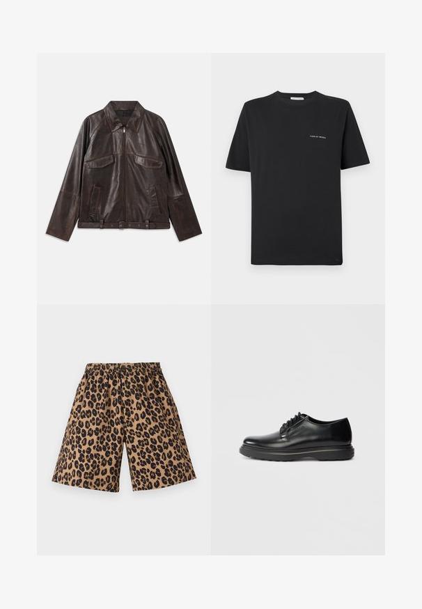 Veste en cuir brun foncé avec fermeture éclair sur le devant, deux poches à rabat sur la poitrine, deux poches latérales, col, manches longues et ceinture réglable à la taille.; T-shirt en coton noir avec un col rond, des manches courtes et un petit logo blanc "TIGER OF SWEDEN" sur la poitrine. Coupe classique.; Shorts marron avec un imprimé léopard noir, dotés d'une ceinture élastique. Le tissu semble lisse, avec un design à jambe large et décontractée.; Chaussure Oxford noire en cuir à lacets avec semelle épaisse et "WATERMAN" embossé sur le côté, présentée en profil sur fond gris clair.