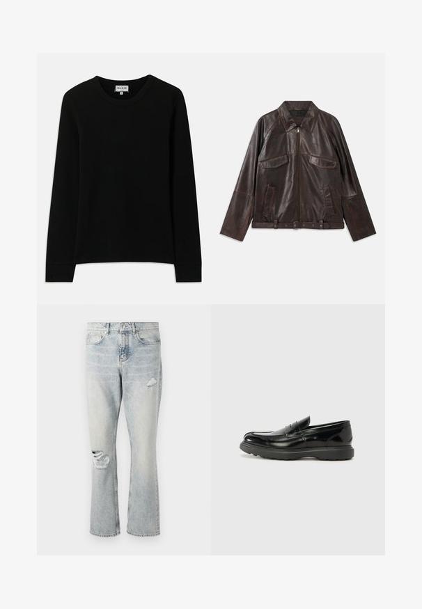 Temno rjava usnjena jakna z sprednjim zadrgo, dvema žepoma na prsih s poklopcem, dvema stranskima žepoma, ovratnikom, dolgimi rokavi in nastavljivim pasom.; Črna dolga majica z dolgimi rokavi ribane pletenine s krojim ovratnikom, označena z Paul & Joe Paris, velikost srednje, prikazana na beli podlagi.; Svijetloplavi traperici s visokim strukom, ravnim nogavicama i izguženim detaljima na desnom bedru i lijevom koljenu.; Črne usnjene loafer čevlje z sijajno obdelavo, okroglo špico, subtilnimi šivi in debelim gumijastim podplatom za trajnost.