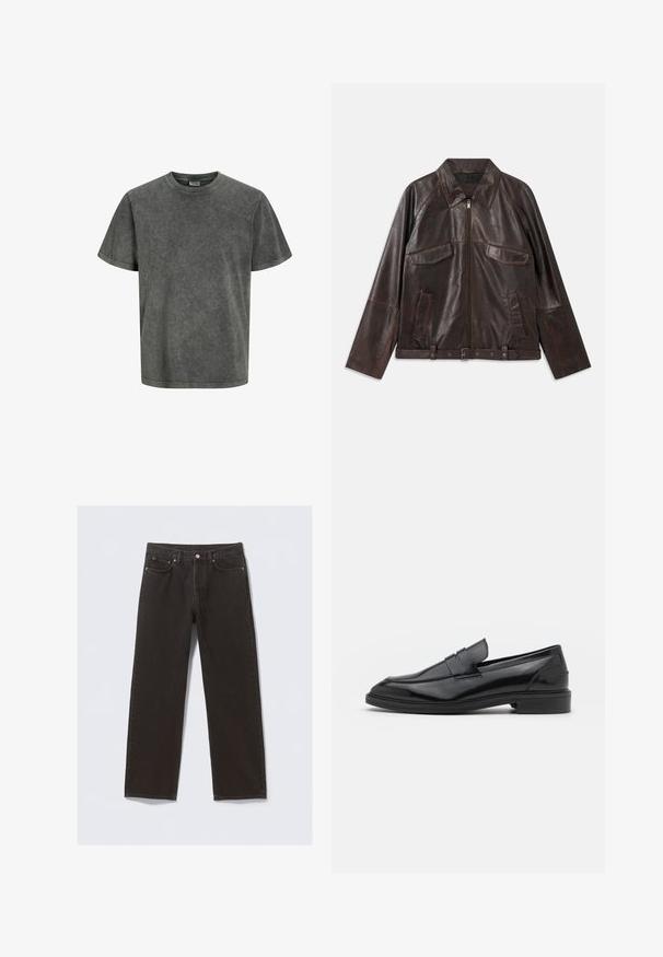 Tamsiai ruda odinė striukė su priekiu užtrauktuku, dviem krūtinės kišenėmis su užklotu, dviem šoninėmis kišenėmis, apykakle, ilgomis rankovėmis ir reguliuojamu juosmens diržu.; Trumpas rankovėmis marškinėliai nublukusios tamsiai pilkos spalvos, pagaminti iš minkštos medžiagos, su apvalia iškirpte ir laisvu siluetu. Minkšta tekstūra, be raštų.; Juodi džinsai su tiesiomis kelnėmis, penkiomis kišenėmis ir vario spalvos siūlais. Lygi tekstūra, klasikinis mygtuko užsegimas liemens srityje.; Juodos odinės loafers batai su lygiu paviršiumi, turintys apvalią noselę ir siaurą juostelę per viršų. Žemas sluoksnis kulnas.