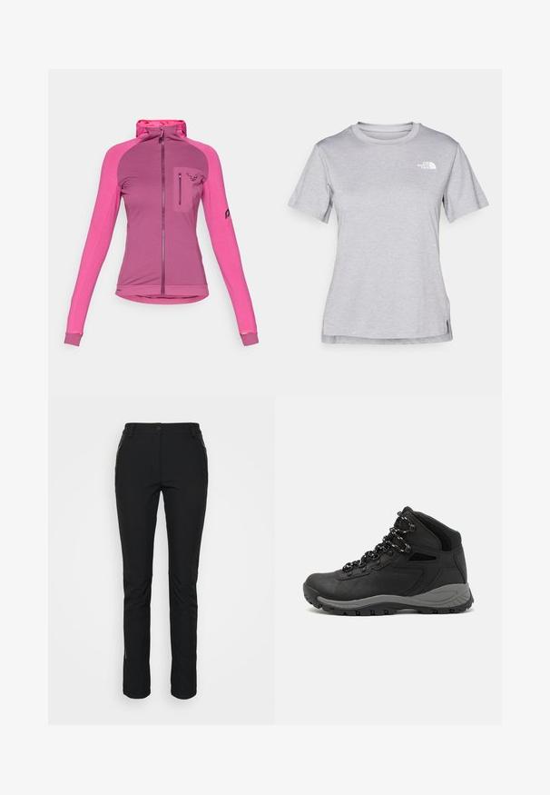 Muotitettu vetoketjullinen takki kolmessa eri vaaleanpunaisen sävyssä, jossa on korkea kaulus, sormia lämmittävät aukot ja vetoketjullinen rintatasku logotiedoilla.; Harmaa lyhythihainen t-paita, joka on valmistettu pehmeästä, kosteutta siirtävästä kankaasta. Siinä on pyöreä kaula-aukko ja pieni valkoinen logo vasemmassa yläkulmassa.; Musta, joustava, vedenpitävä housut, joissa on kapea istuvuus. Varustettu kahdella vetoketjullisella sivutaskulla ja vahvistetuilla polvialueilla. Sujuva pinta.; Musta vaelluskenkä, jossa on puolivartinen muotoilu, jolle on ominaista teksturoitu päällinen, harmaat yksityiskohdat ja kestävä kumipohja, jossa on pitoita lisääviä lukuja.