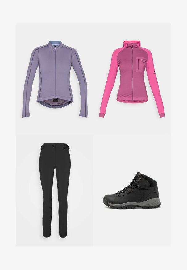 Fitted zip-up jacket in three shades of pink, featuring a high collar, thumbholes, and a zippered chest pocket with logo detail.; Purple long-sleeve cycling jersey with a high collar, front zipper, and contrasting stitching. Features a rounded hem and breathable fabric.; Black, fitted pants made from a flexible material. Features include a zippered side pocket, articulated knees, and a smooth texture.; Black hiking boot with a mid-top design, featuring a textured upper, gray accents, and durable rubber sole with traction lugs.