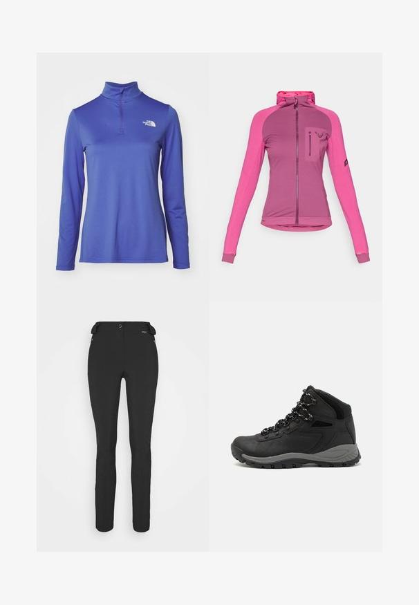 Fitted zip-up jacket in three shades of pink, featuring a high collar, thumbholes, and a zippered chest pocket with logo detail.; Long-sleeve, purple pullover top with a half-zip collar and small white logo on the chest. Made from smooth, stretchy material.; Black, fitted pants made from a flexible material. Features include a zippered side pocket, articulated knees, and a smooth texture.; Black hiking boot with a mid-top design, featuring a textured upper, gray accents, and durable rubber sole with traction lugs.