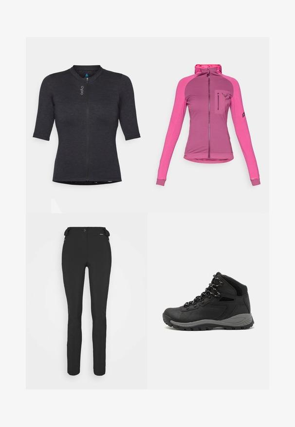 Přiléhavá bunda na zip ve třech odstínech růžové, s vysokým límcem, otvory na palce a zapínací kapsou na prsou s logem.; Krátký rukáv černé sportovní tričko vyrobené z texturované látky; má přední zip a kulatý výstřih s jemným detailem loga.; Černé, přiléhavé kalhoty vyrobené z pružného materiálu. Mezi funkce patří boční kapsa na zip, anatomické kolena a hladký povrch.; Černé turistické boty s mírně vyšším střihem, které mají texturovaný svršek, šedé detaily a odolnou gumovou podrážku s trakčními výstupky.
