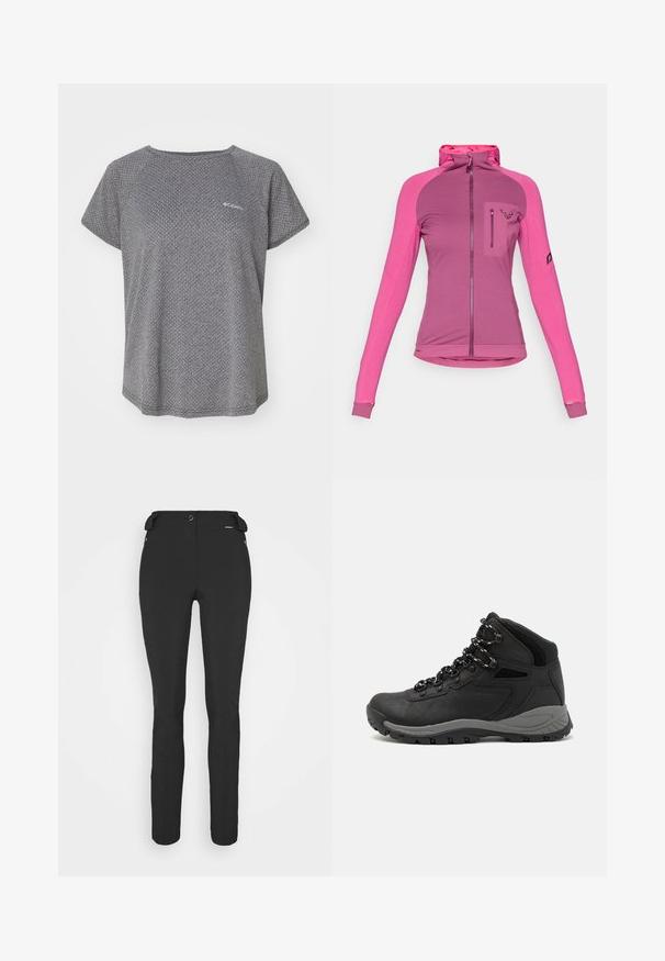 Casaco ajustado com fecho éclair em três tonalidades de rosa, apresentando um colarinho alto, buracos para os polegares e um bolso no peito com fecho éclair e detalhe do logotipo.; Camisa cinza de manga curta com um padrão texturizado subtil, decote redondo e logótipo da Columbia no peito. Tecido suave, ajuste descontraído.; Calças pretas, ajustadas, feitas de um material flexível. As características incluem um bolso lateral com fecho éclair, joelhos articulados e uma textura suave.; Bota de caminhada preta com design de cano médio, apresentando um upper texturizado, detalhes cinzentos e sola de borracha durável com cravos de tração.