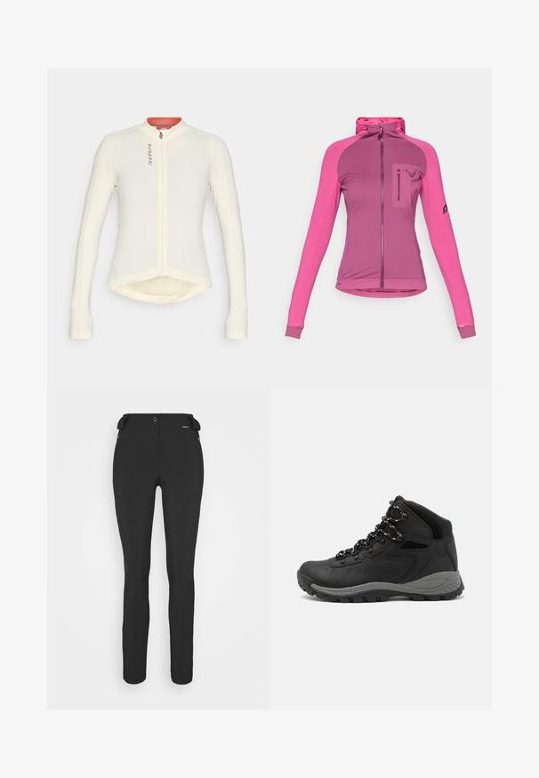 Fitted zip-up jacket in three shades of pink, featuring a high collar, thumbholes, and a zippered chest pocket with logo detail.; White long-sleeve jersey with a high collar, front zipper, and contrasting red inner neckline; features a slightly curved hem.; Black, fitted pants made from a flexible material. Features include a zippered side pocket, articulated knees, and a smooth texture.; Black hiking boot with a mid-top design, featuring a textured upper, gray accents, and durable rubber sole with traction lugs.