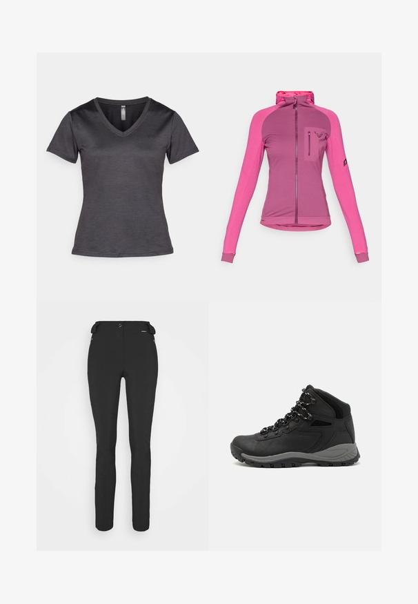 Casaco ajustado com fecho éclair em três tonalidades de rosa, apresentando um colarinho alto, buracos para os polegares e um bolso no peito com fecho éclair e detalhe do logotipo.; T-shirt cinza escuro com decote em V, de mangas curtas, feito de um tecido suave. Apresenta um logo discreto no peito e um design justo.; Calças pretas, ajustadas, feitas de um material flexível. As características incluem um bolso lateral com fecho éclair, joelhos articulados e uma textura suave.; Bota de caminhada preta com design de cano médio, apresentando um upper texturizado, detalhes cinzentos e sola de borracha durável com cravos de tração.