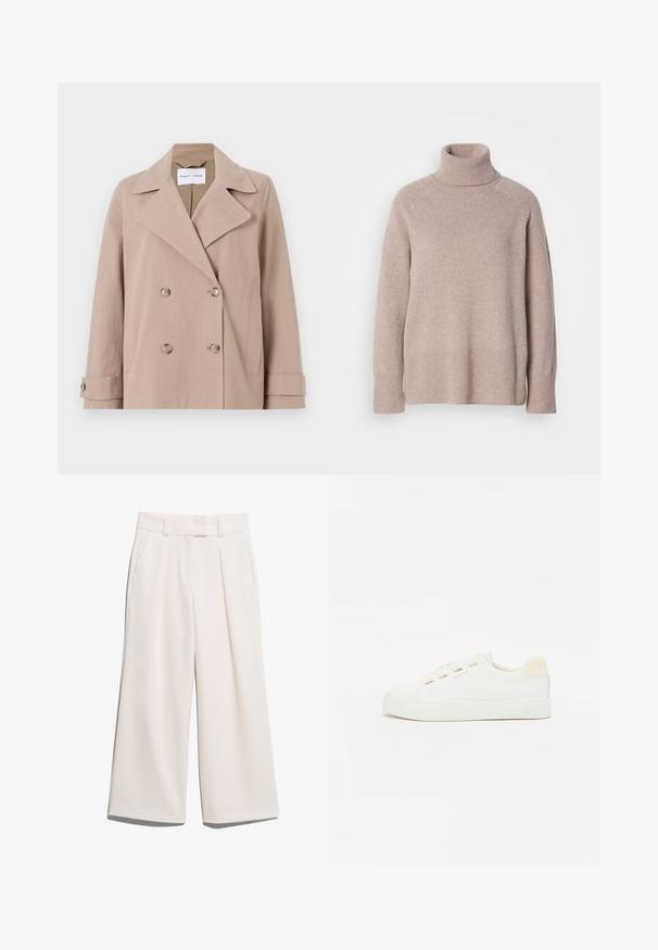 Beige dobbeltspent jakke laget av bomullsblandingsstoff, med store revers, to frontlommer og knappede mansjetter.; Lys beige strikket ull genser med høy hals, lange ermer og ribbestrikkede mansjetter og kant nederst, mot en hvit bakgrunn.; Videbukser i en lys kremfarge, laget av glatt stoff med to frontlommer og synlig søm på livserien.; Hvit sneaker med overdel i canvas, rund tå og flat gummisåle. Har gullfargede snøringer og en lys beige hælakkent.