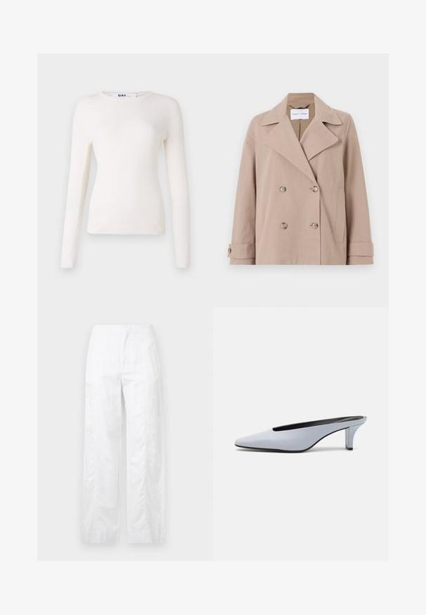 Veste beige croisée en tissu mélangé coton, présentant de grands rabats, deux poches avant et des poignets boutonnés.; Haut blanc à manches longues en maille côtelée avec un col rond, texture douce et design ajusté. Pas de matériel ou de motifs visibles. Fini lisse.; Pantalons larges blancs en tissu léger, présentant une texture lisse, des lignes épurées et une taille haute.; Mule en cuir verni bleu clair avec un orteil pointu, un petit talon transparent et un design épuré mettant en valeur une découpe au cou-de-pied.