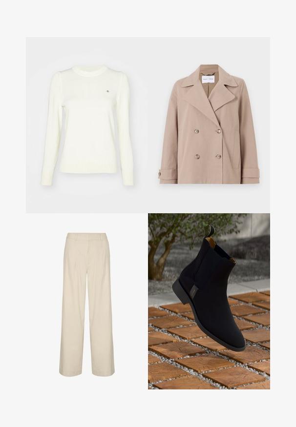 Beige Doppelreiherjacke aus einem Baumwollmischgewebe, mit großen Revers, zwei vorderen Taschen und geknöpften Manschetten.; Helle Cremefarbe Pullover, gestrickte Textur, Rundhalsausschnitt, lange Ärmel, gerippte Bündchen und Saum. Dezentes Logo-Detail auf der Brust.; Beige weite Hose aus Leinenmischung mit hoher Taille, Falten und glatter Textur. Keine sichtbaren Beschläge oder Muster.; Schwarze Leder-Chelsea-Boots mit glatter Textur, gelber Innenausstattung und schwarzer Sohle, ausgestattet mit einer Schlaufe zum einfachen Anziehen.