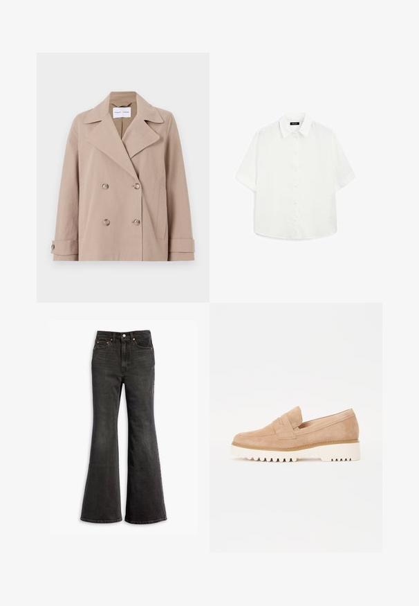 Beige double-breasted jacket made of cotton blend fabric, featuring large lapels, two front pockets, and buttoned cuffs.; White short-sleeve shirt made of lightweight fabric, featuring a classic collar, button closure, and a rounded hem with subtle texture.; Black high-waist denim jeans with a flared leg, five-pocket design, and copper rivet accents.; Beige suede slip-on shoe with a textured finish, a low stacked heel, and a white rubber outsole featuring a zigzag tread pattern.