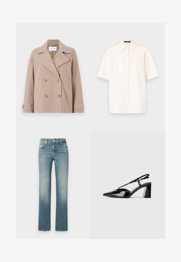 Jachetă bej cu două rânduri de nasturi, confecționată dintr-un material din bumbac, având rever mari, două buzunare frontale și manșete cu nasturi.; Cămașă cu mânecă scurtă, de culoare crem, fabricată dintr-un material ușor, având două buzunare în față, un design cu nasturi și cusături contrastante.; Blugi din denim albastru cu croi drept, având zone deteriorate, design cu cinci buzunare și închidere cu buton metalic la talie.; Pantofi cu toc înalt din piele patent neagră, cu vârf ascuțit, curea ajustabilă și toc pătrat chunky.