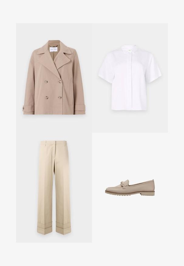 Beige dubbelzijdig jasje van een katoenmix, met grote revers, twee voorzakken en knoopmanchetten.; Kortgerit shirt in het wit, gemaakt van een gladde stof, met een spitse kraag en een knoopsluiting met een groene accentknop.; Beige broek met een rechte pasvorm, voorzien van een dubbele manchet aan de zoom en een vlakke voorkant. Gemaakt van een gladde, duurzame stof.; Beige leren loafer met een gestikte naad en een decoratieve knoop op de wreef. Voorzien van een rubberen zool met textuur voor grip en lichte demping.