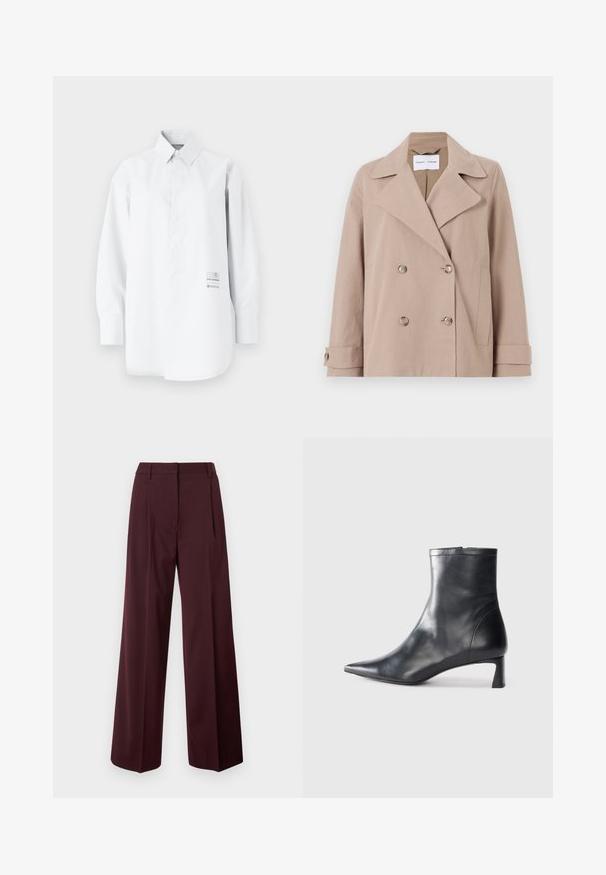 Béžové dvojradové sako vyrobené z bavlneno-polyesterovej zmesi, s veľkými reverzami, dvoma prednými vreckami a gombíkovými manžetami.; Biela košeľa s dlhými rukávmi vyrobená z ľahkého materiálu; má golier na gombíky, voľný strih a potlačené logo na boku.; Nohavice s širokými nohavicami v tmavo bordovej farbe s hladkou textúrou látky. Majú priliehavý pás, predné záhyby a žiadne viditeľné kovanie.; Čierne kožené členkové topánky s špicatou špičkou a elegantným dizajnom. Majú nízky podpätok a zips na zadnej strane. Hladká textúra.