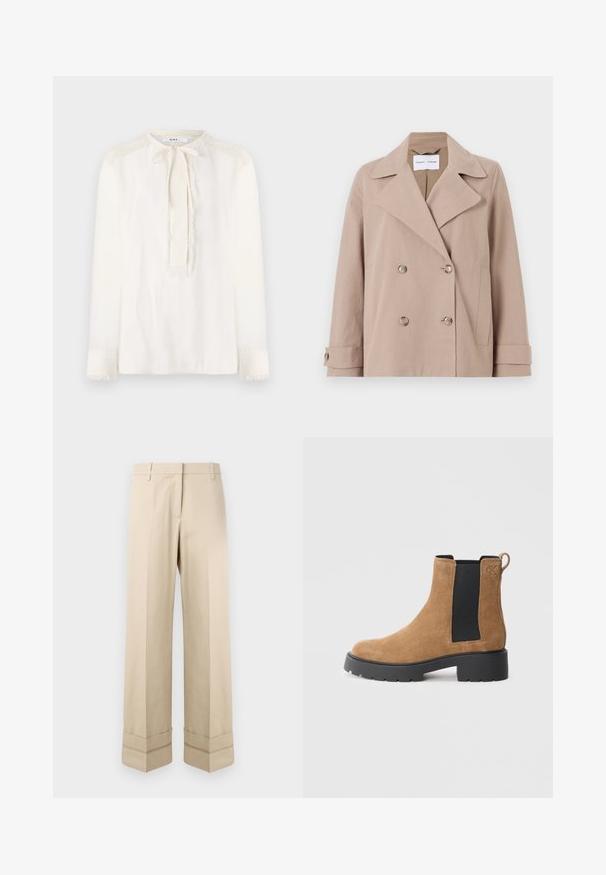 Beež kahe rinna nuppudega jakk, mis on valmistatud puuvillase segu kangast, suurede kraede, kahe esipocket'i ja nööbitavate mansettidega.; Valge pluus ümmarguse kaelusega, sidumisdetailiga kaelal ja pika varrukaga. Sellel on struktuursetest frangeeritud detailidest kaunistused õlgadel ja varrukatel.; Beezid püksid sirge lõikega, millel on kaksikkant allservas ja lame esikülg. Valmistatud siledast ja vastupidavast kangast.; Pruun nubukk nahk saabas musta elastse külgpaneeliga, paks must tald, taga tõmbetab ja reljeefne "cK" logo pahkluu lähedal.