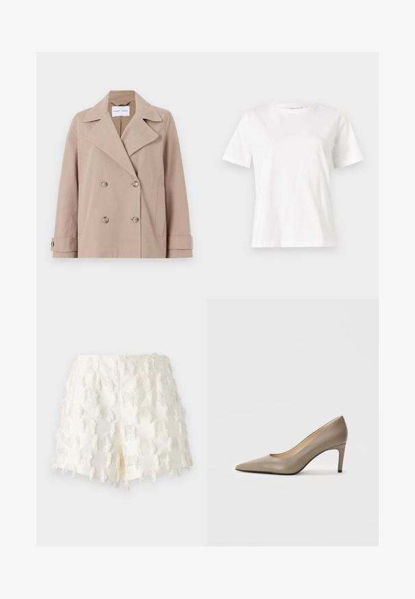 Beež kahe rinna nuppudega jakk, mis on valmistatud puuvillase segu kangast, suurede kraede, kahe esipocket'i ja nööbitavate mansettidega.; Valge puuvillane T-särk lühikeste varrukatega, ümmarguse kaelusega ja vabalt istuv. Sile tekstuur, ilma mustrite ja aktsentideta, minimalistik disain.; Valged lühikesed püksid, millel on tekstuuriga kangas, frillide aktsendid ja keeruline ruuduline muster. Disain on kõrge vöökohaga ja lõdva viimistlusega.; Beige nahast kõrge kontsaga kingad, millel on terav varvas ning õhuke, 7 cm konts. Sile pind ja minimalistik disain ilma nähtavate kaunistusteta.